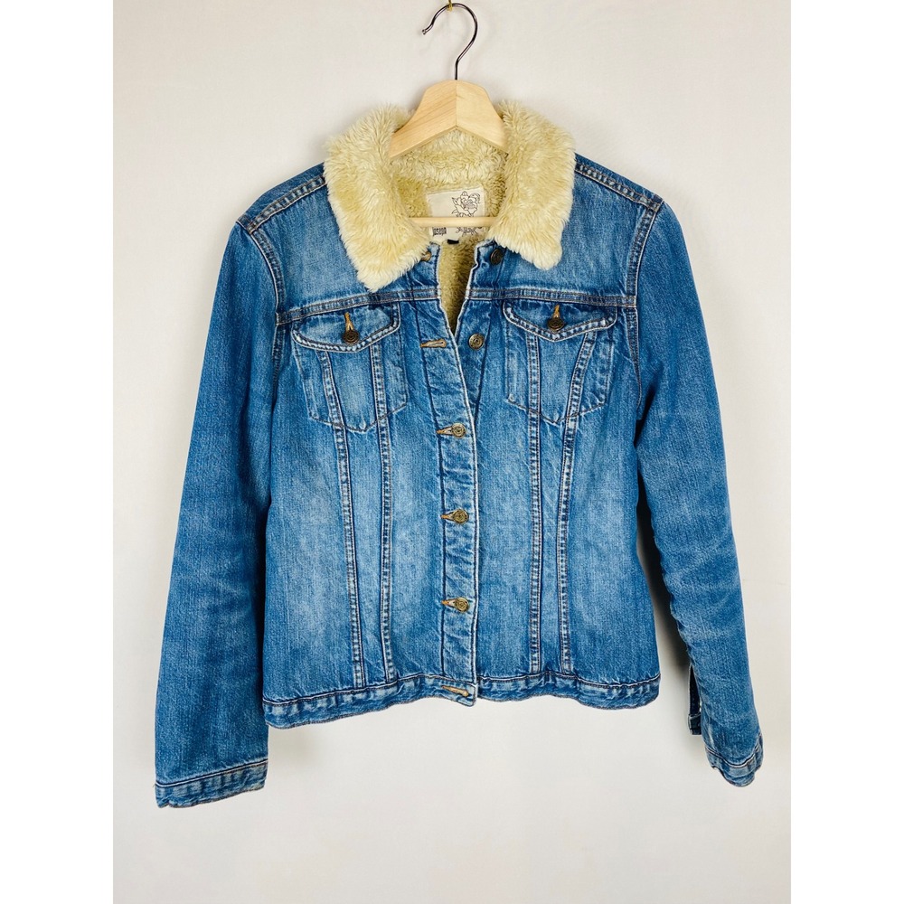 Y2K For Joseph Medium Wash Sherpa Lined Denim Trucker Jacket Faux Fur Collar M